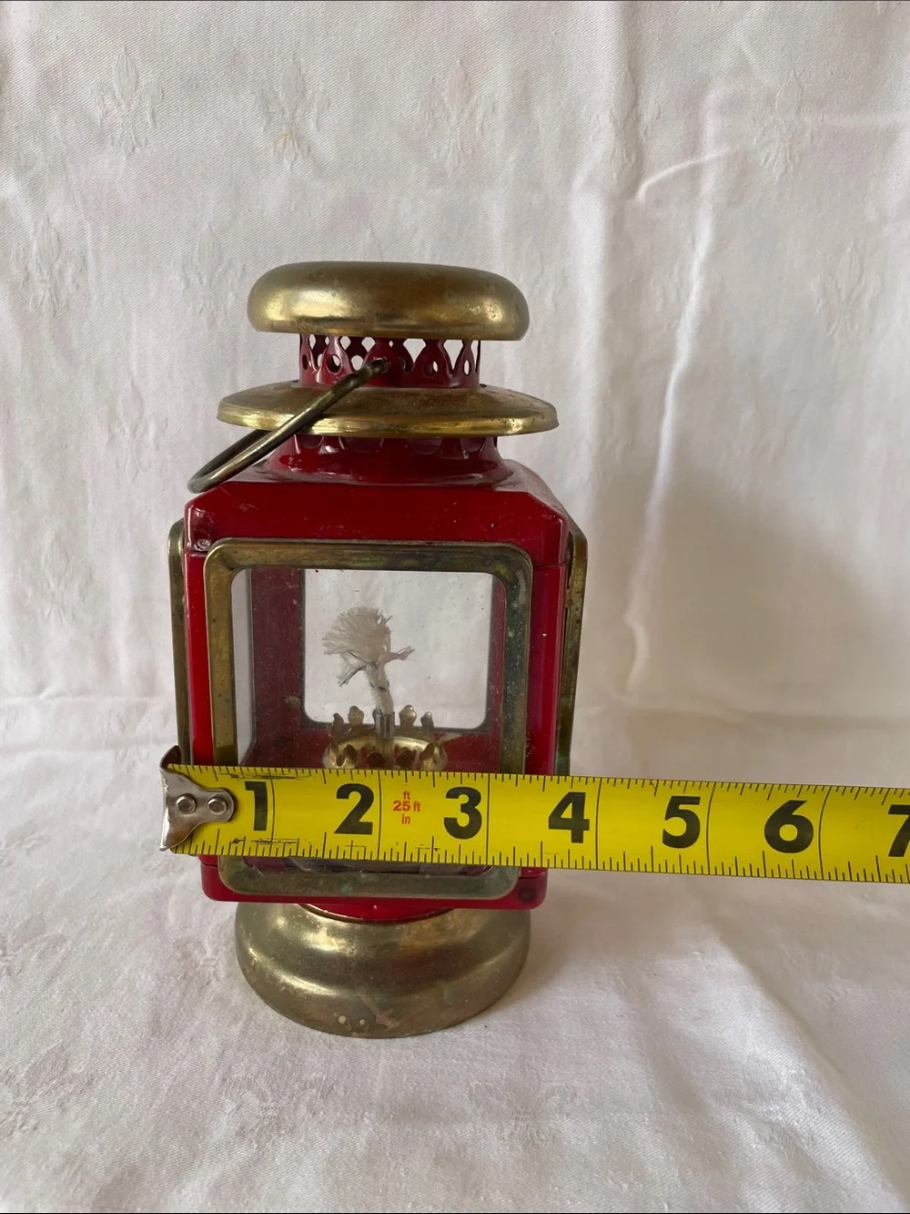 Vintage Red & Brass Decorative Railroad Lantern 1960s Classic Kerosene Oil Lamp